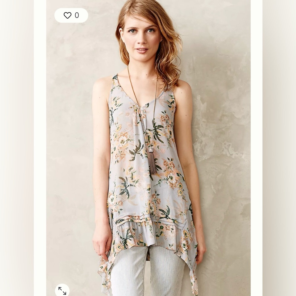 Maeve Anthropologie Floral Ruffle Asymmetrical Boho Blouse XS Romantic Sheer Top